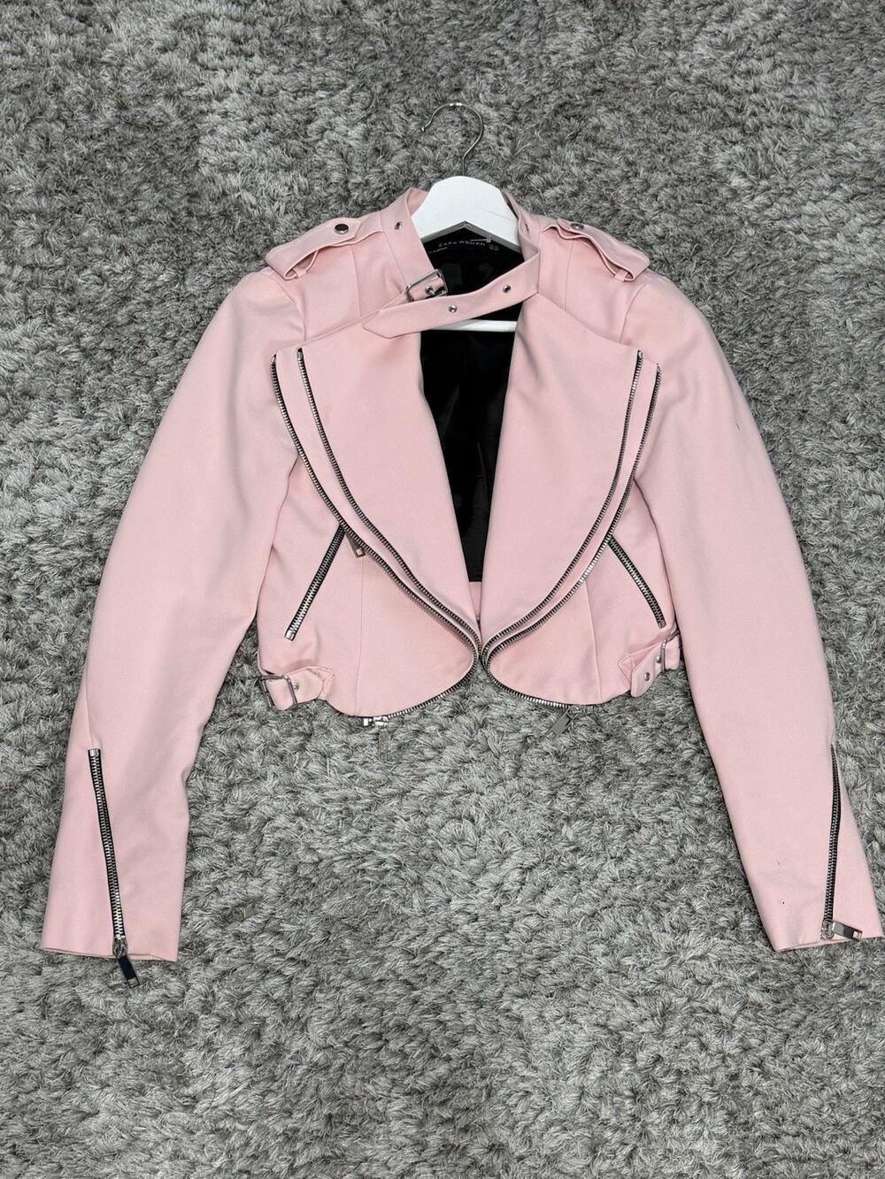 Zara Women’s Pink Cropped Moto Jacket Asymmetric Zip Biker Jacket Size XS